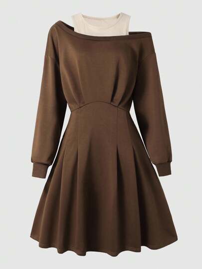 女装二合一露肩设计灯笼袖+喇叭裙优雅公主风时尚优雅可爱适合外出约会春秋冬