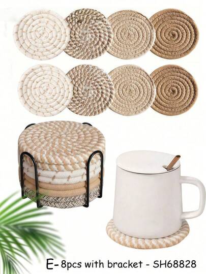 4pcs/8pcs Woven Beverage Coasters, Round Absorbent Drink Coasters, Handmade Fabric Coasters, Set Of Absorbent Coasters With Tray, Bohemian Style.