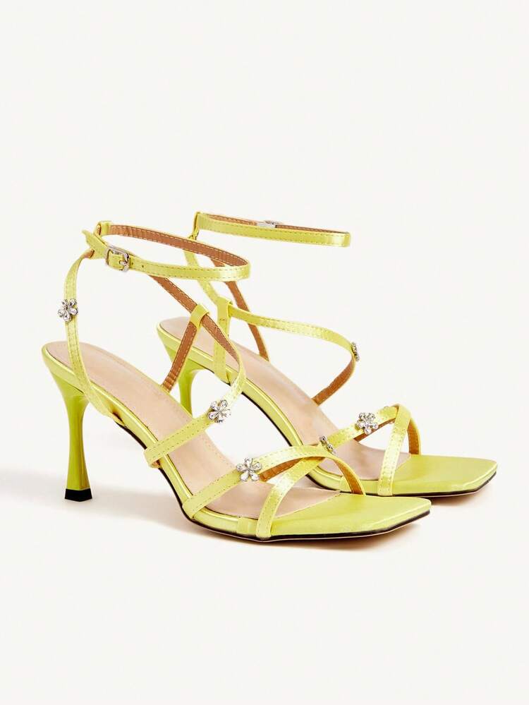 CUCCOO CHICEST Women's Sparkling Crystal Floral Strappy Pointed Toe High Heel Sandals, Elegant Sweet Romantic Sexy, Yellow Satin Formal Dress Shoes For Tea Party, Date, Fashion Party, Gala, Birthday, Valentine's Day