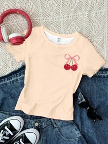 3 件套休闲度假，度假氛围，复古迷你樱桃海滩印花，多巴胺颜色，奶油黄色，奶油白色，青少年女孩休闲修身圆领短袖高腰短款常规 T 恤，适合夏季 - 彩色 - 查看 2