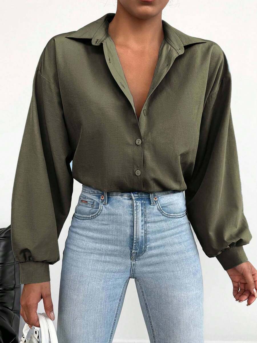 EURMUSE Cotton Solid Drop Shoulder Oversized Shirt - Army Green - View 1