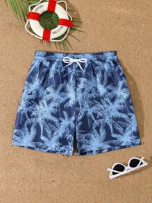 SHEIN 男童个性化泳裤，棕榈叶印花设计彰显活力，舒适无忧，适合在泳池或海滩畅游，男士泳裤棕榈树泳裤蓝色泳裤热带泳裤 - 彩色 - 查看 3