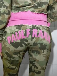 Paul Frank X ROMWE 2件套 Y2K Kpop 亚文化 Baddie 联名 Logo 迷彩印花刺绣卫衣和运动裤套装 - 彩色 - 查看 5