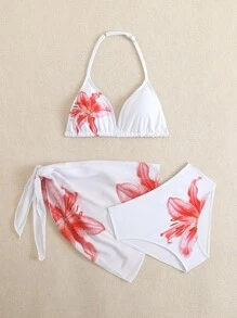 SHEIN Tween Girl Cute Ditsy Floral Triangle Bikini Set With Sarong (Print Randomly), Tropical Summer Vacation Stylish