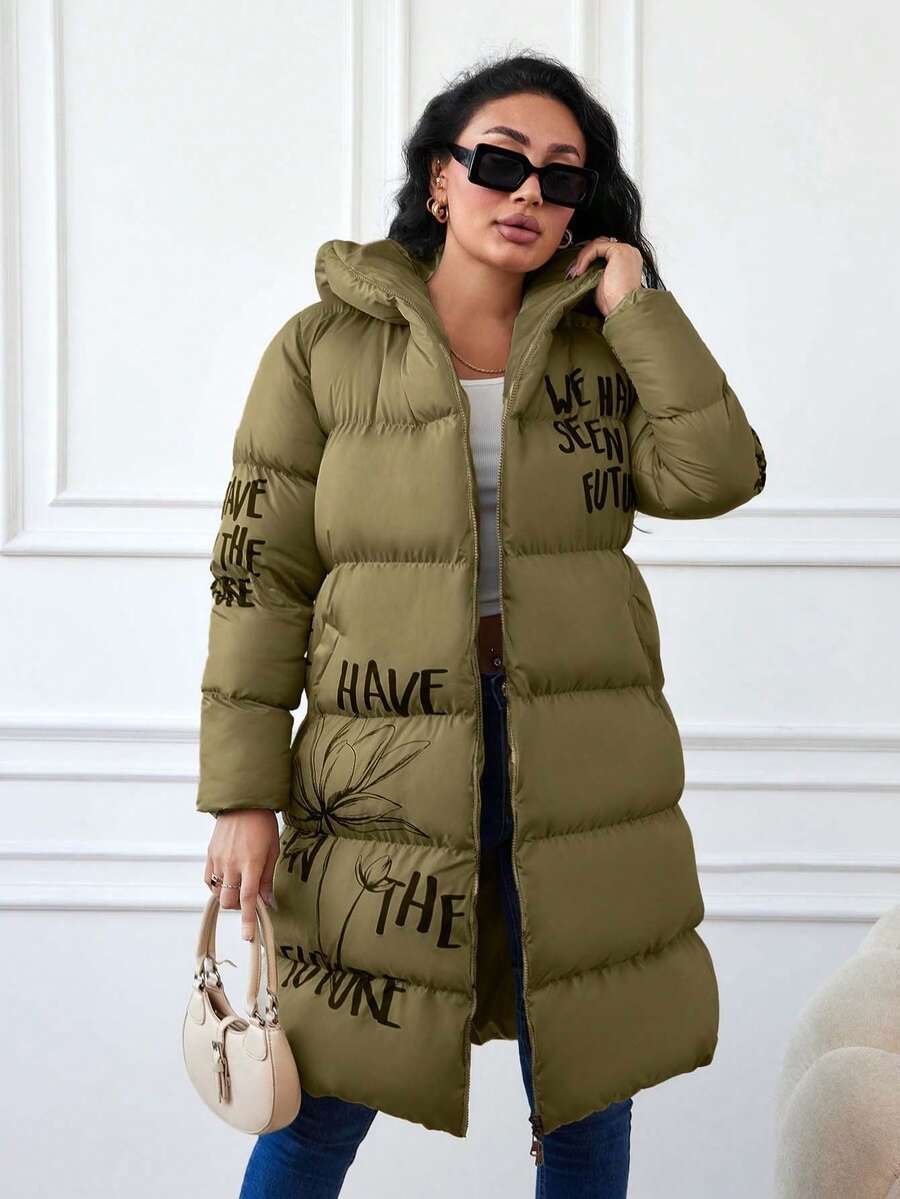 SHEIN Cottnline Plus Size Women'S Hooded Padded Coat With Letter And Flower Print - Army Green - View 1