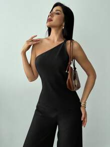 Firerie New Elegant Apricot Linen Asymmetric Hem Ruched Waist Backless Casual Blouse, Spring/Summer,Off The Shoulder Top - Black - View 3