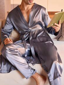 Manfinity Underwear&Sleepwear Basics 2 件男士纯色腰带长袖上衣和长裤睡衣套装缎面睡衣，秋季衣服 - 深灰色 - 查看 1
