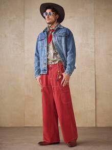 RivetRise Men's Loose Fit Wide Leg Adjustable Waist Split Design Red Jeans, Spring/Summer - Red - View 4