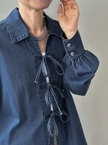 FRIFUL 休闲长袖牛仔衬衫，前部打结，常规长度，牛仔夹克，秋季女装领带前衬衫女式牛仔上衣牛仔衬衫女式领带前牛仔衬衫 - 藍色 - 查看 2