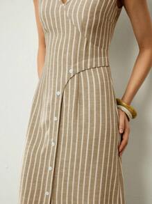 Uhlyne Váy dài vừa phải không tay cổ chữ V họa tiết sọc thường ngày và đi làm dành cho nữ, mới cho mùa hè - màu nâu - Xem 2