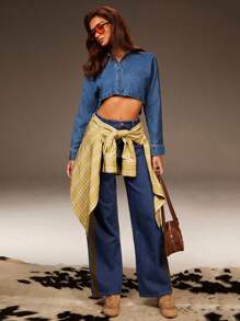 Athîral Women's Casual Washed Cropped Denim Jacket, Fall Women Clothes,Fall Outfits For Women,Winter Jacket Women - Blue - View 4