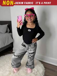 SHEIN Leap Crew 2件套年轻女孩 Nova 发光时尚休闲紧身不规则下摆 U 领长袖水钻装饰 T 恤上衣和牛仔效果裤套装