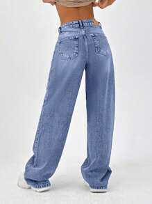 EURMUSE 100% Cotton LOW RISE WIDELEG CUT VINTAGE WASH Y2K BAGGY JEANS - Royal Blue - View 2