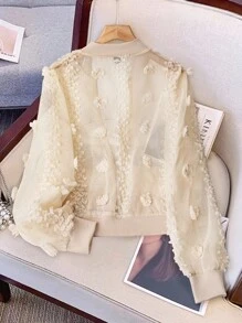 SHEIN Clasi 大码女式纯色提花透明长袖前开优雅休闲常规拉链轻便夹克 - 杏色 - 查看 2