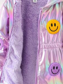 SHEIN 年轻女孩 1 件毛绒保暖经典街头风格连帽长袖外套年轻女孩蓬松外套 - 卡其色 - 查看 4