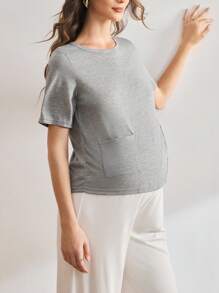 BloomMama Maternity Solid Color Round Neck Short Sleeve Dual Pocket Casual Top - Grey - View 3