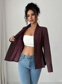 Elenzga 女士休闲优雅纯色 V 领褶皱 A 字夹克，适合通勤、度假、下午茶、派对、秋冬 - 棕色 - 查看 8