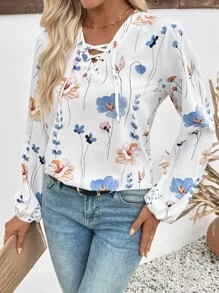 EMERY ROSE Women's V-Neck Floral Pattern Casual/Work Long Sleeve Shirt Fall Cloth For Women - Multicolor - View 6