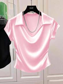Franclia 女士休闲纯色缎面亮面T恤衫，适合大学穿着 - 粉色 - 查看 3