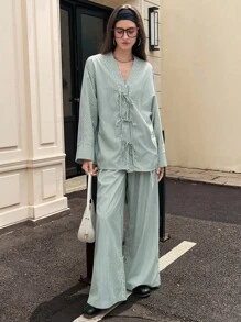 Chiquease 2 pièces Ensemble pour femme : Top à ceinture large et pantalon à jambes larges à taille élastique - Vert - Voir 4