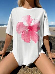 SHEIN EZwear Camiseta holgada de mujer de manga corta con cuello redondo, de estilo minimalista casual con estampado de flor de hibisco rosa, de mezcla de algodón, adecuada para el verano - Blanco - Ver 3