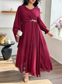 Modelyn Plus Size Women's Fashionable & Elegant Crystal Embellished Dress - Burgundy - View 6