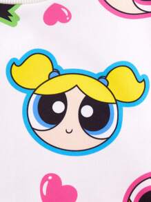 THE POWERPUFF GIRLS X SHEIN Young Girl White Cute Cartoon Blossom, Bubbles, Buttercup And Heart Print Long Sleeve Crew Neck Sweatshirt Fall Winter - White - View 4