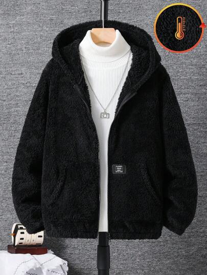 SHEIN 青少年男孩连帽休闲学院风柔软舒适简约实用毛绒夹克，适合秋冬季，适合日常穿着、户外玩耍、学校、街头风格、派对和居家
