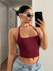 SHEIN ICON Áo ba lỗ cổ yếm ôm sát màu trơn dành cho nữ - Màu Đỏ Sâu - Xem 5