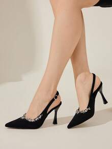 CUCCOO CHICEST 女士尖头水钻装饰细高跟鞋，优雅奢华浪漫性感哥特式黑色绒面革一脚蹬高跟鞋，正式礼服，婚礼宾客，下午茶，约会之夜，派对，适合婚礼、庆典、万圣节、圣诞节、感恩节、生日 - 黑色 - 查看 4