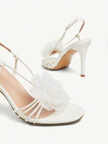 CUCCOO CHICEST 女士花卉系带交叉圆头细高跟凉鞋，优雅甜美浪漫性感白色仿皮正装鞋，适合婚礼、派对、海滩、度假 - 白色 - 查看 8