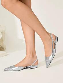CUCCOO CHICEST Women's Pointed Toe Flats With Glitter Patchwork And Cutout Design, Elegant Luxury Fashion Slip-On Shoes For Dress, Tea Party, Date, Work, Halloween, Christmas, Thanksgiving, Versatile - Silver - View 3