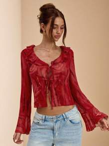 SHEIN BAE Spring And Summer Solid Red Tie-Dye Print Ruffled Long Sleeve Elegant Ladies Shirt Tops, Elegant Tops