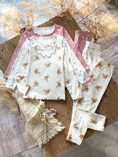 Emery Rose Kids Emery Rose Kids 6件套少女花卉和熊印花针织休闲T恤和裤子家居服套装