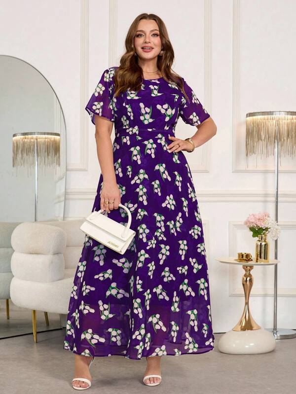 SHEIN Clasi Plus Size Women's Floral Print Chiffon Maxi Dress, Elegant Long Dress, Flowy Dress, Short Sleeve Dress, Outdoor Dress