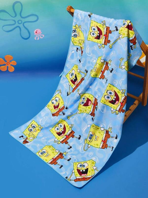 SpongeBob SquarePants X SHEIN 1 pieza Toalla de baño con patrón de dibujos animados linda, toalla de playa, absorbente y suave, resistente a las bolas, insumos para vacaciones, de secado rápido