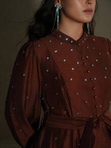 Anewsta Plus Size Women Long Dress With Rhinestone Decor, Elegant And Versatile Formal Dress - Coffee Brown - View 3