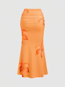 SHEIN Unity Women's Floral Print Ruched Waist Mermaid Skirt, Casual Vacation Maxi Women Fall Cloth For Women - Orange - View 2