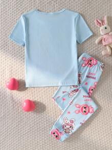 Bộ đồ ngủ thoải mái gồm 2 áo tay ngắn in họa tiết hoạt hình và quần legging cho bé gái - Màu xanh nhạt - Xem 2
