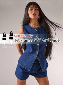 SHEIN Tall CURVE 女士加大码深蓝色牛仔无袖上衣，教师款 - 深色水洗藍 - 查看 6