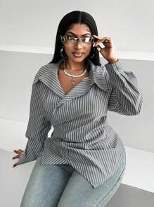 Maweii 大码休闲通勤条纹裹身衬衫 - 灰色 - 查看 6