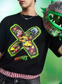 MADBALLS X SHEIN 男士休闲卡通图案圆领短袖T恤，夏季 - 黑色 - 查看 2