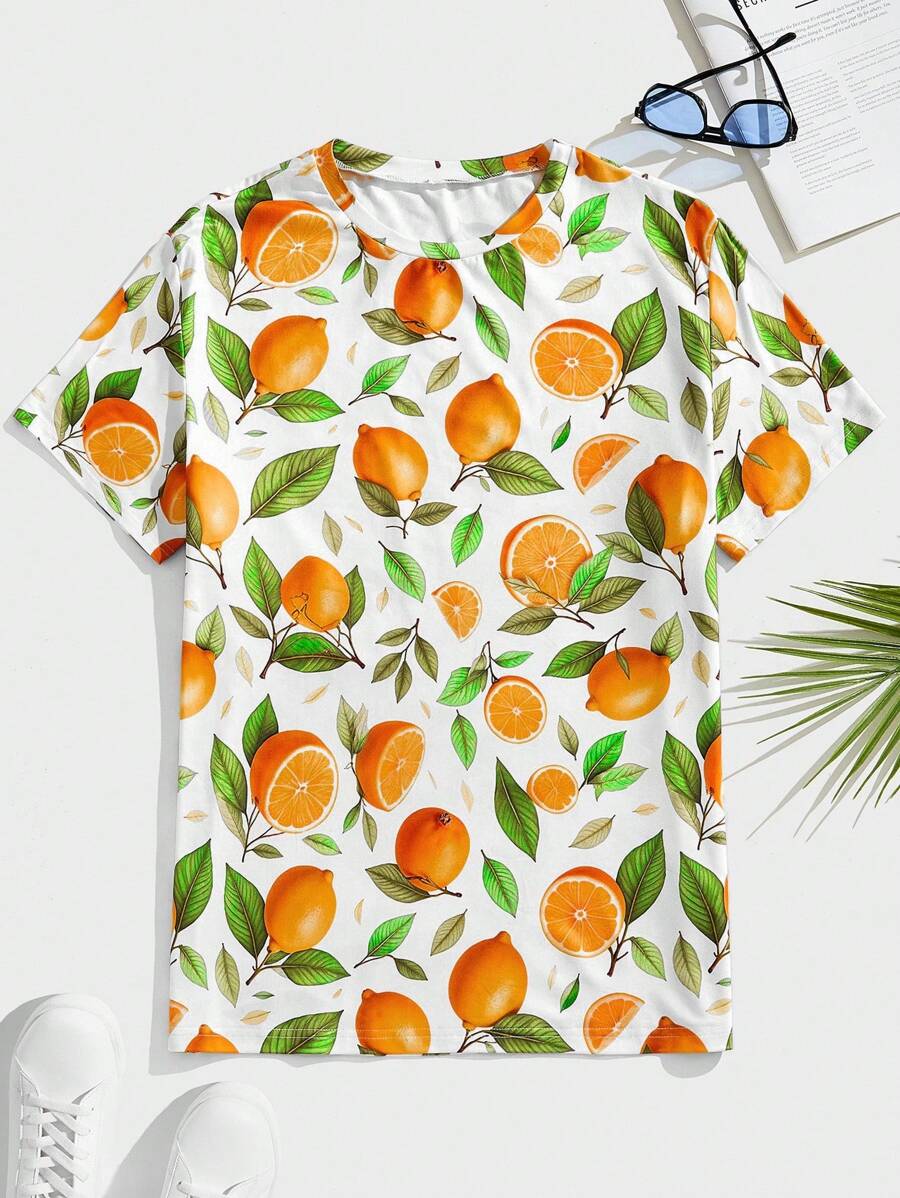 Manfinity VCAY Men's Casual Knit Lemon Print Fitted Raglan Short Sleeve T-Shirt