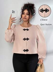 SHEIN Clasi 大码复古法式别致优雅办公室纽扣装饰泡泡袖修身夹克 - 杏色 - 查看 3