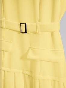 Franclia Elegant French Style Minimalist Daily Versatile Round Neck Sleeveless Cinched Waist Waist Pleated Hem Dress, Non-Stretch Woven White Dress, Business Casual Women's Spring/Summer White Graduation Dress, Pleated White Dress Summer Dress Clothes For University - Yellow - View 5