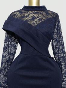 Modelyn 大码女式立领撞色蕾丝长袖开衩下摆优雅连衣裙 - 藏蓝色 - 查看 9