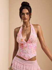 SHEIN BAE Áo kiểu hở lưng thanh lịch màu hồng thêu hoa, thích hợp cho các lễ hội âm nhạc, kỳ nghỉ biển, ngày Valentine. - Hồng - Xem 6