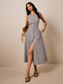 Poéselle 度假休闲纯色前扣无袖连衣裙