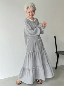 FRIFUL 女式条纹领撞色灯笼袖长下摆多层拼接纯色休闲秋装，秋季女装长袖连衣裙 - 藍色 - 查看 4
