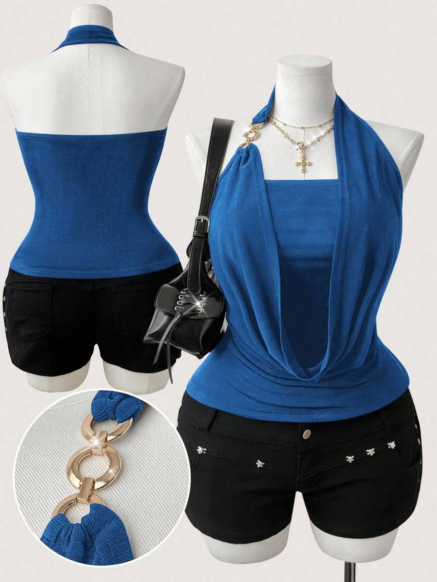 Flirla Áo thun nữ cổ tròn hở lưng co giãn thanh lịch cho kỳ nghỉ hè - Màu xanh lam - Xem 1